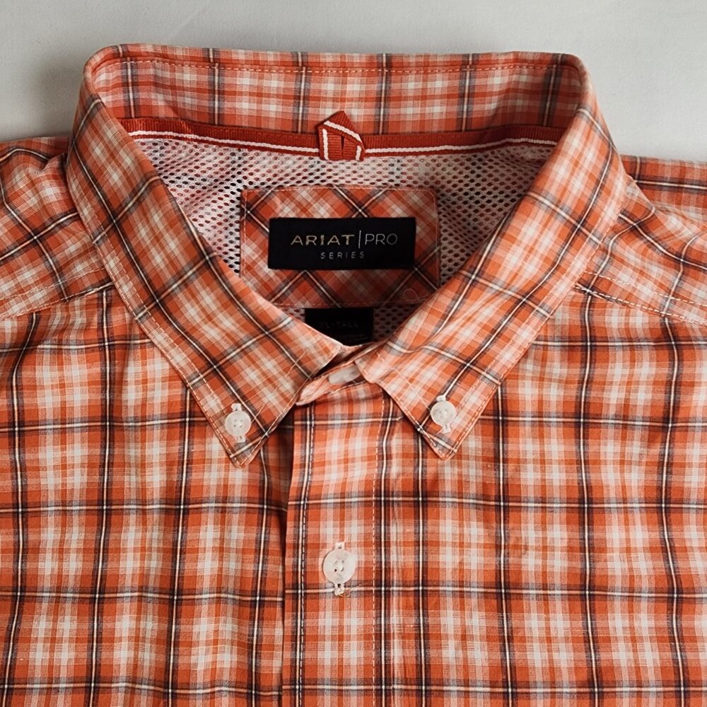 Ariat Pro Series Men's XLT Tall Orange and White Plaid L/S Western Country - Picture 9 of 11